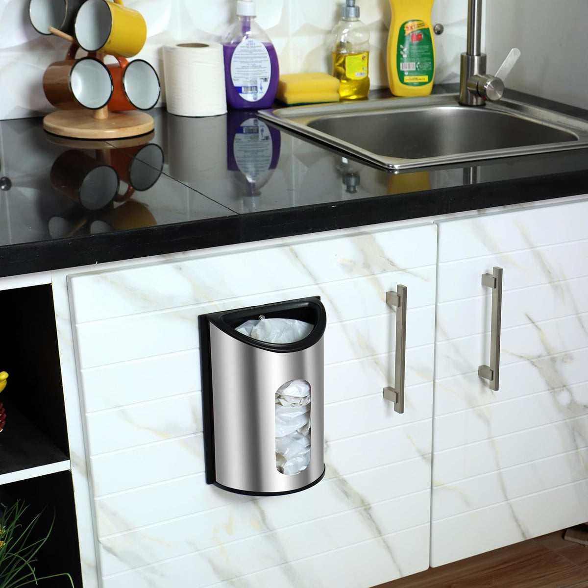 Wall-Mounted Stainless Steel Grocery Bag Holder & Dispenser, Space-Saving Plastic Bag Holder for Kitchen, Pantry or Cabinet, Reusable Plastic Bag Organizer, Silver