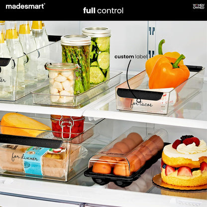 Premium Large Fridge Bin, Organizer for Produce, Cheeses, Meats & Deli Items, Dry-Erase Label Area, Multi-Purpose Fridge Storage, Soft Grip Handles, Clear