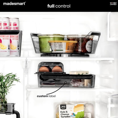 Premium Large Fridge Bin, Organizer for Produce, Cheeses, Meats & Deli Items, Dry-Erase Label Area, Multi-Purpose Fridge Storage, Soft Grip Handles, Clear