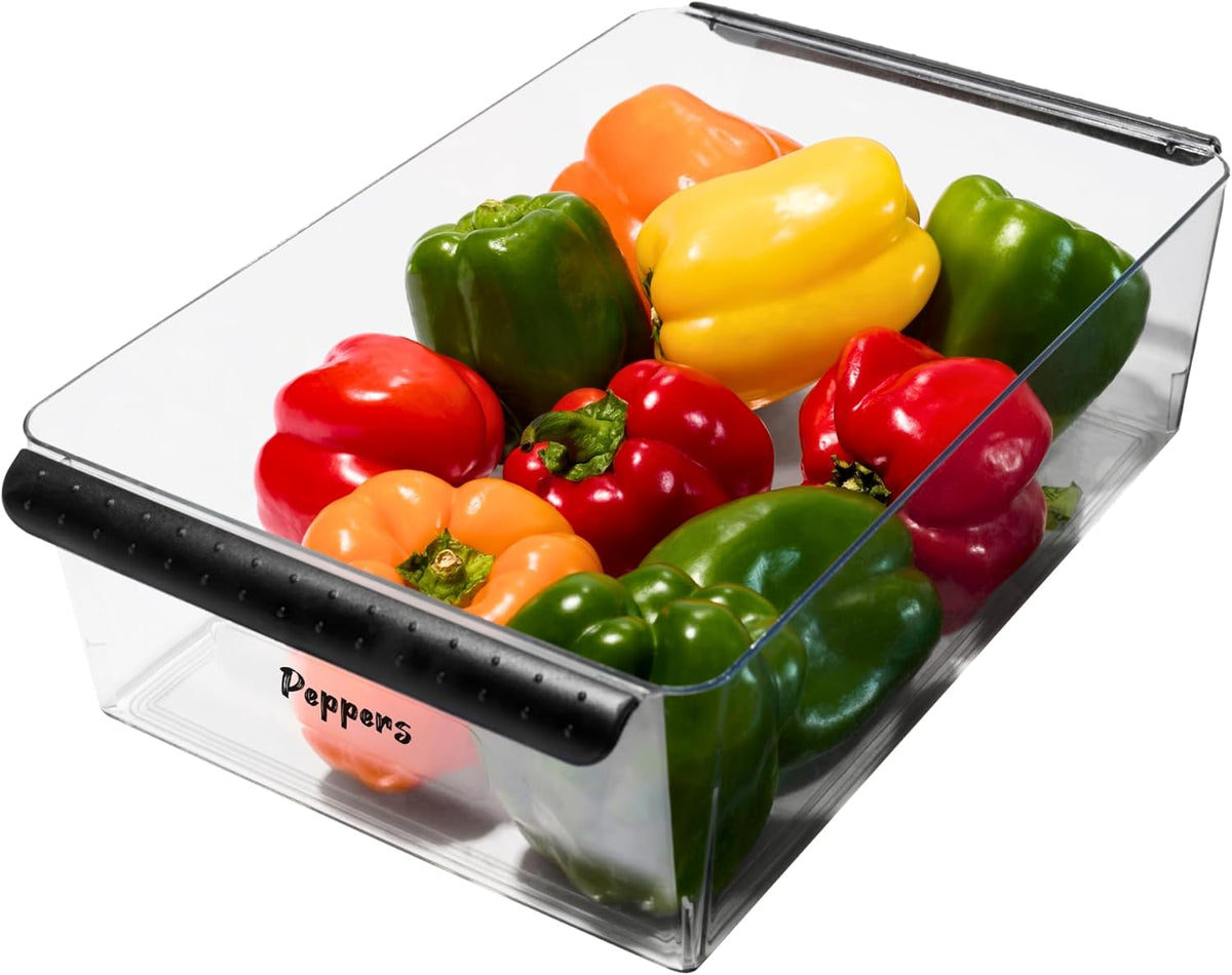 Premium Large Fridge Bin, Organizer for Produce, Cheeses, Meats & Deli Items, Dry-Erase Label Area, Multi-Purpose Fridge Storage, Soft Grip Handles, Clear