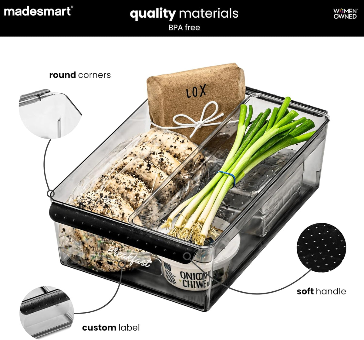 Premium Large Fridge Bin, Organizer for Produce, Cheeses, Meats & Deli Items, Dry-Erase Label Area, Multi-Purpose Fridge Storage, Soft Grip Handles, Clear