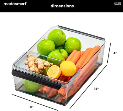Premium Large Fridge Bin, Organizer for Produce, Cheeses, Meats & Deli Items, Dry-Erase Label Area, Multi-Purpose Fridge Storage, Soft Grip Handles, Clear
