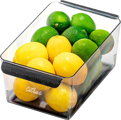 Premium Large Fridge Bin, Organizer for Produce, Cheeses, Meats & Deli Items, Dry-Erase Label Area, Multi-Purpose Fridge Storage, Soft Grip Handles, Clear