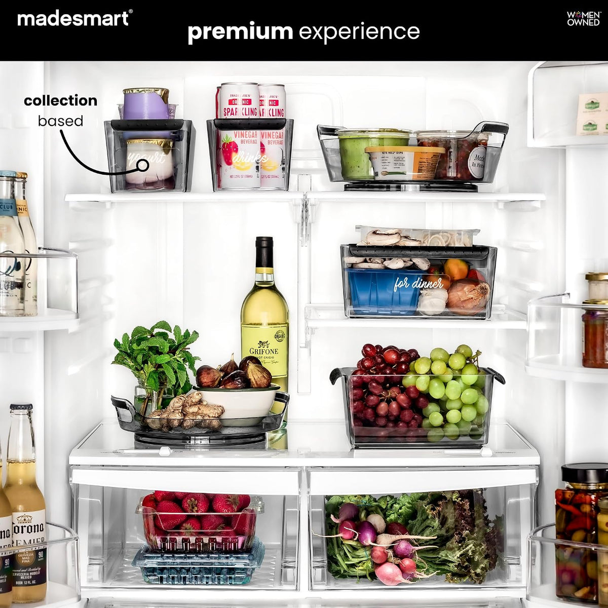 Premium Large Fridge Bin, Organizer for Produce, Cheeses, Meats & Deli Items, Dry-Erase Label Area, Multi-Purpose Fridge Storage, Soft Grip Handles, Clear