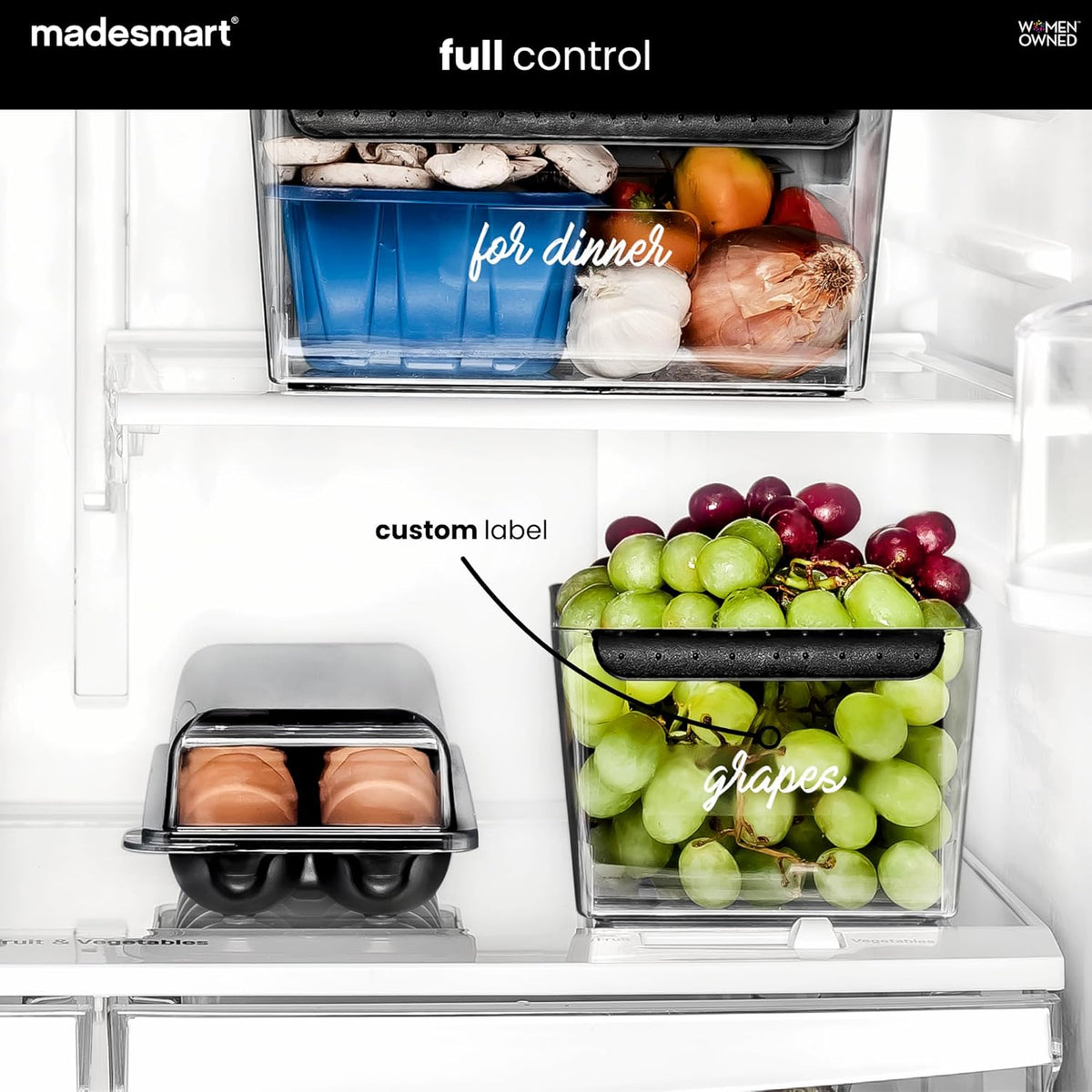 Premium Large Fridge Bin, Organizer for Produce, Cheeses, Meats & Deli Items, Dry-Erase Label Area, Multi-Purpose Fridge Storage, Soft Grip Handles, Clear