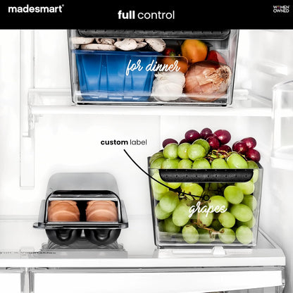 Premium Large Fridge Bin, Organizer for Produce, Cheeses, Meats & Deli Items, Dry-Erase Label Area, Multi-Purpose Fridge Storage, Soft Grip Handles, Clear