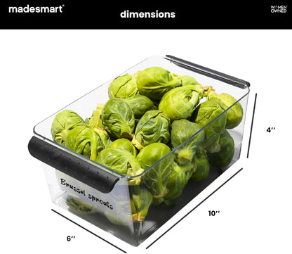 Premium Large Fridge Bin, Organizer for Produce, Cheeses, Meats & Deli Items, Dry-Erase Label Area, Multi-Purpose Fridge Storage, Soft Grip Handles, Clear