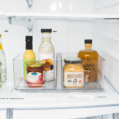 Premium Large Fridge Bin, Organizer for Produce, Cheeses, Meats & Deli Items, Dry-Erase Label Area, Multi-Purpose Fridge Storage, Soft Grip Handles, Clear