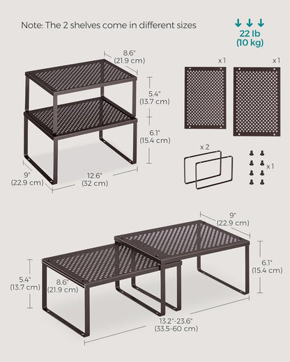 Set of 2 Metal Spice Racks, Stackable Expandable Shelf Risers | Steel Cabinet Shelf Organizers, Countertop Organizers, Matte White BEQUE Collection UKCS01WT