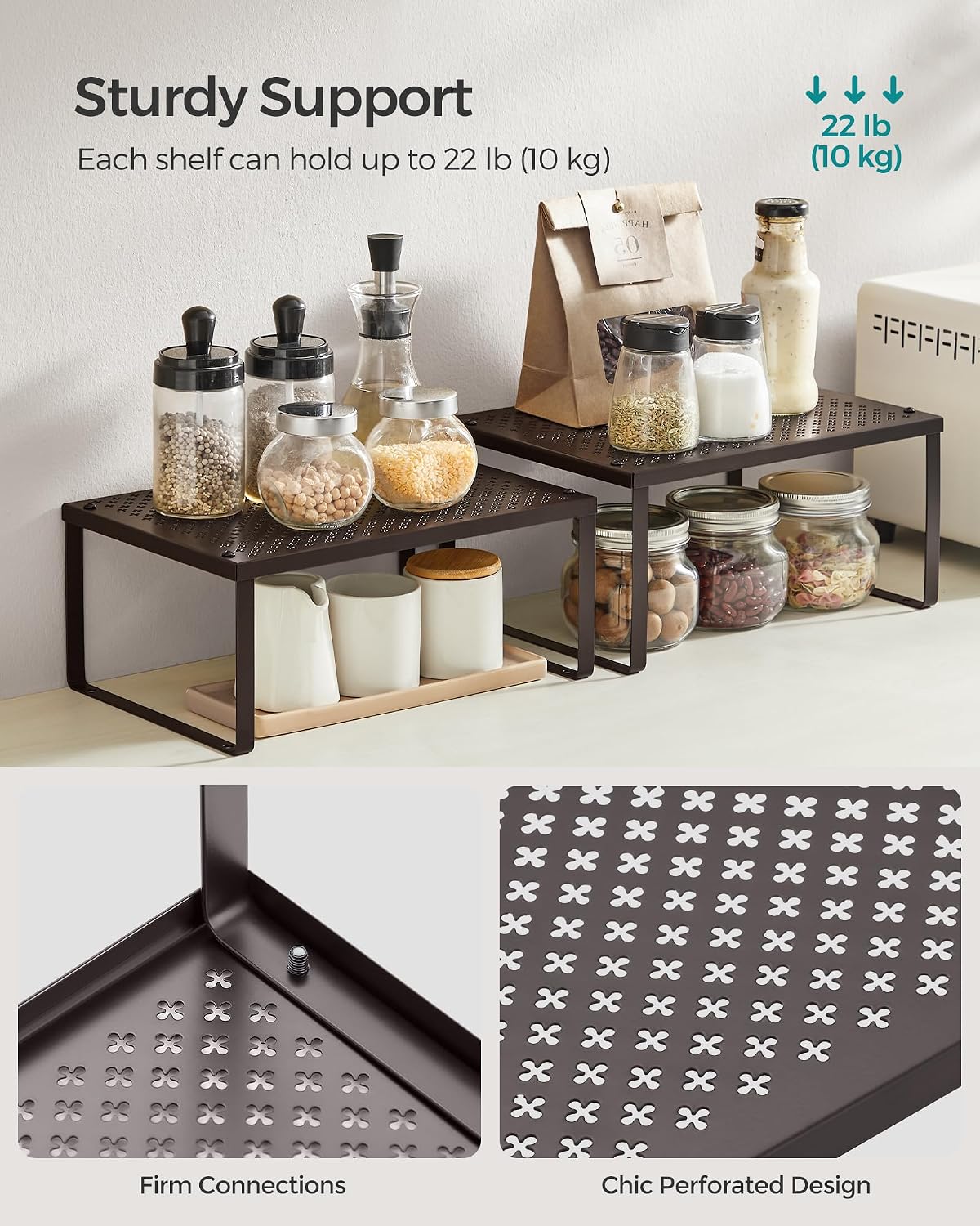 Set of 2 Metal Spice Racks, Stackable Expandable Shelf Risers | Steel Cabinet Shelf Organizers, Countertop Organizers, Matte White BEQUE Collection UKCS01WT