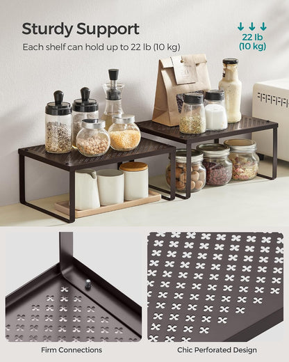 Set of 2 Metal Spice Racks, Stackable Expandable Shelf Risers | Steel Cabinet Shelf Organizers, Countertop Organizers, Matte White BEQUE Collection UKCS01WT