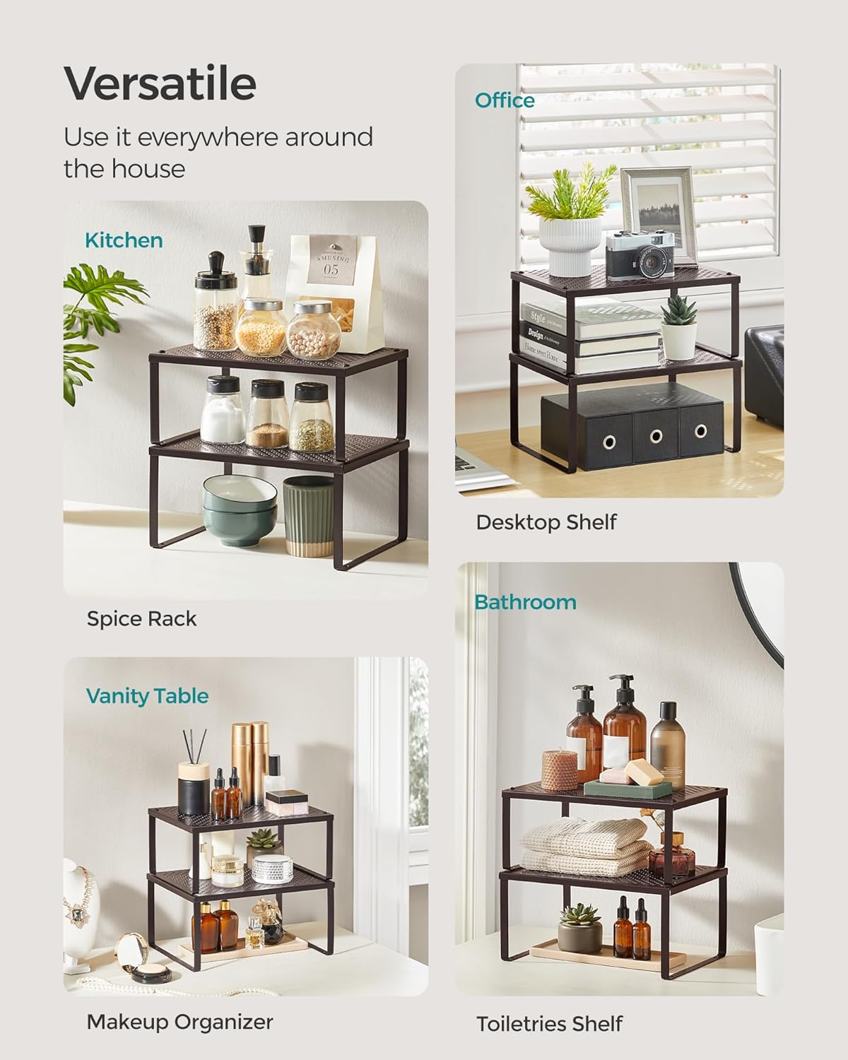 Set of 2 Metal Spice Racks, Stackable Expandable Shelf Risers | Steel Cabinet Shelf Organizers, Countertop Organizers, Matte White BEQUE Collection UKCS01WT