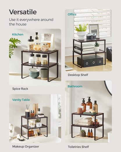 Set of 2 Metal Spice Racks, Stackable Expandable Shelf Risers | Steel Cabinet Shelf Organizers, Countertop Organizers, Matte White BEQUE Collection UKCS01WT