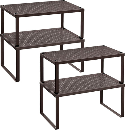 Set of 2 Metal Spice Racks, Stackable Expandable Shelf Risers | Steel Cabinet Shelf Organizers, Countertop Organizers, Matte White BEQUE Collection UKCS01WT