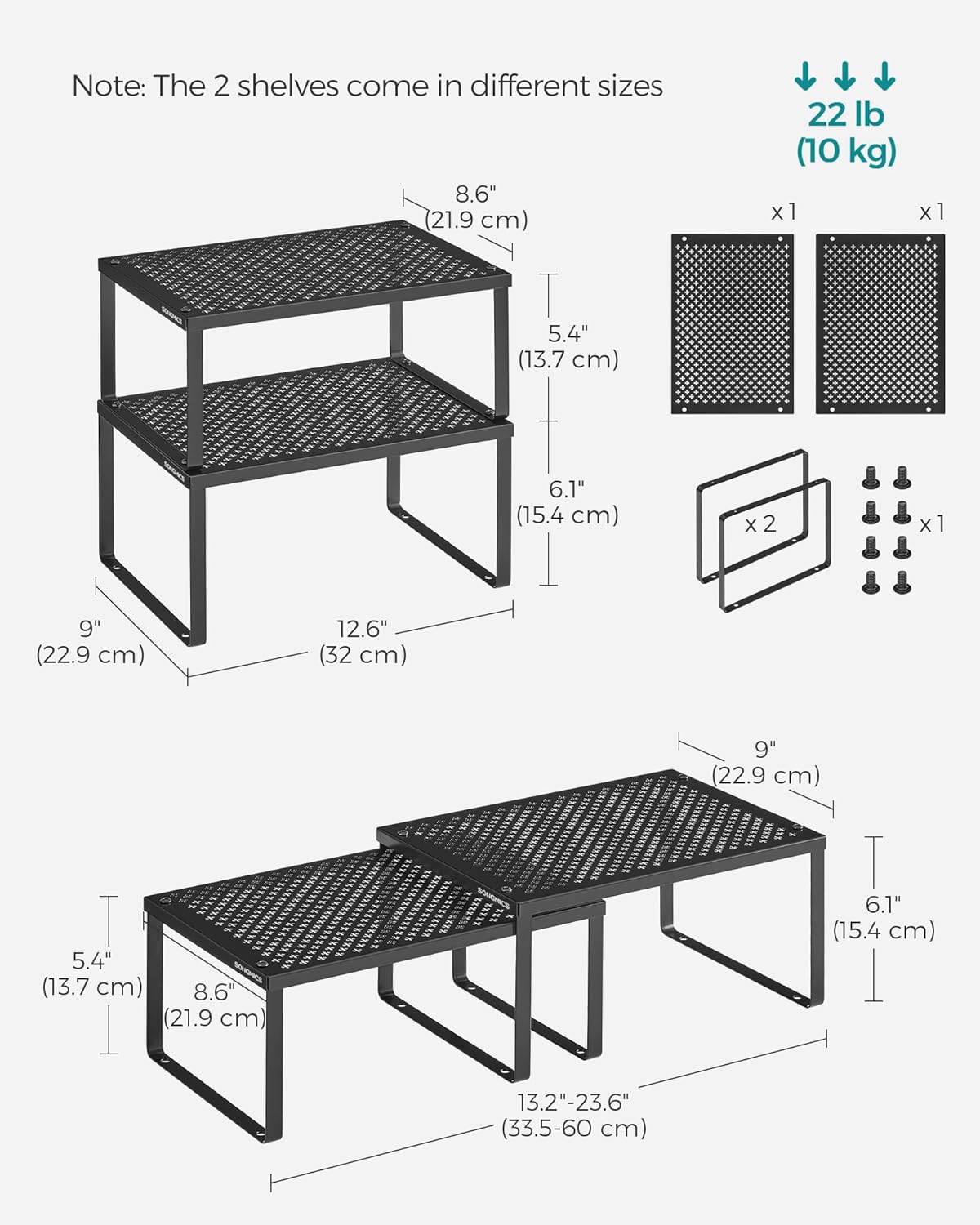 Set of 2 Metal Spice Racks, Stackable Expandable Shelf Risers | Steel Cabinet Shelf Organizers, Countertop Organizers, Matte White BEQUE Collection UKCS01WT