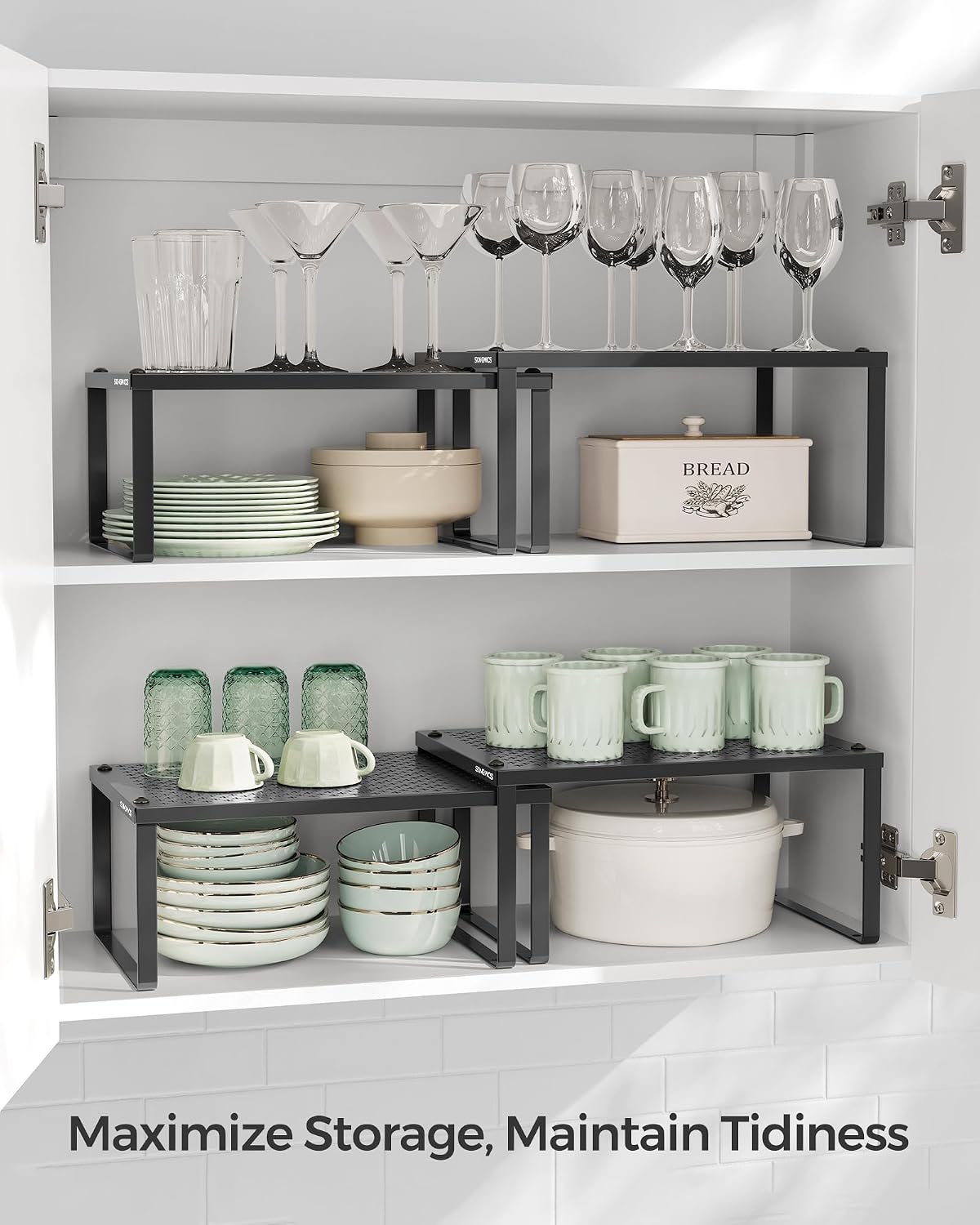 Set of 2 Metal Spice Racks, Stackable Expandable Shelf Risers | Steel Cabinet Shelf Organizers, Countertop Organizers, Matte White BEQUE Collection UKCS01WT