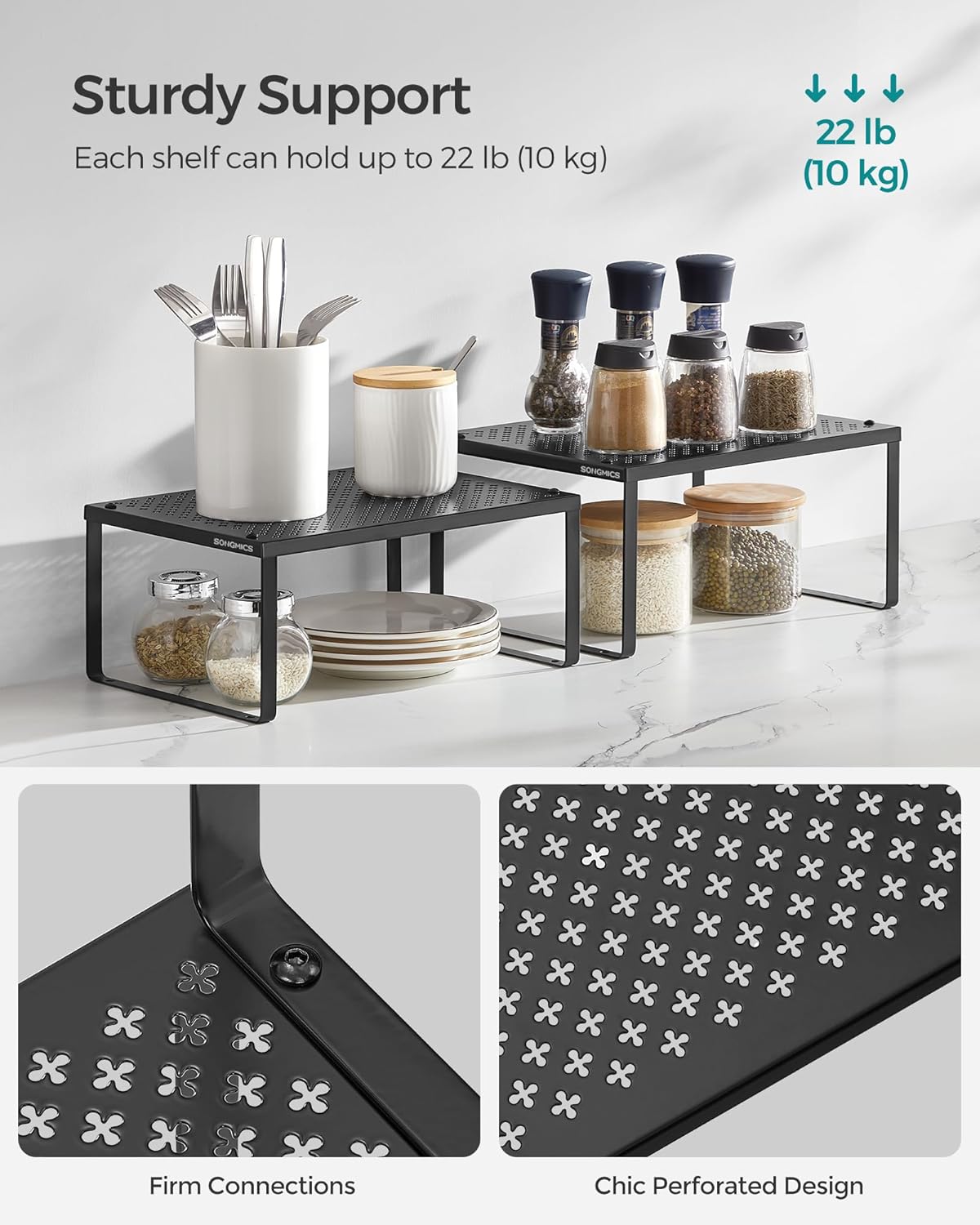 Set of 2 Metal Spice Racks, Stackable Expandable Shelf Risers | Steel Cabinet Shelf Organizers, Countertop Organizers, Matte White BEQUE Collection UKCS01WT