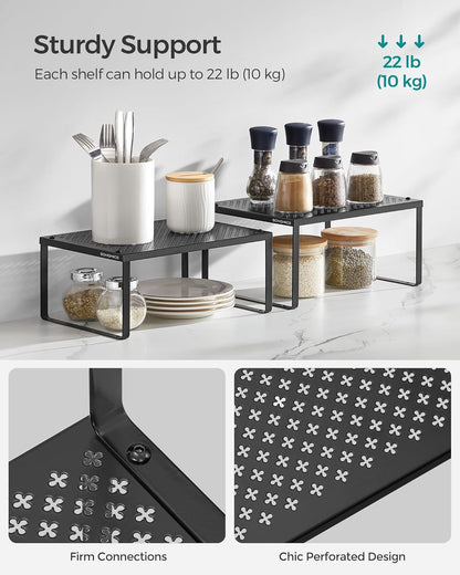 Set of 2 Metal Spice Racks, Stackable Expandable Shelf Risers | Steel Cabinet Shelf Organizers, Countertop Organizers, Matte White BEQUE Collection UKCS01WT