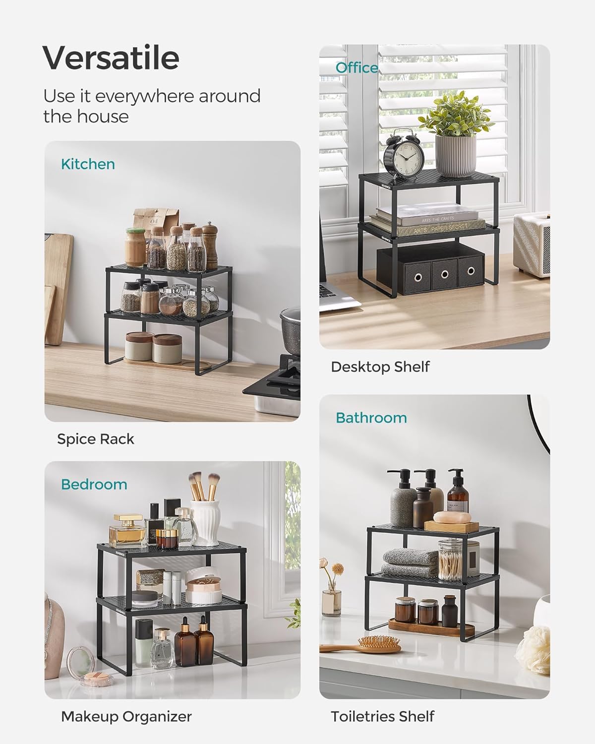 Set of 2 Metal Spice Racks, Stackable Expandable Shelf Risers | Steel Cabinet Shelf Organizers, Countertop Organizers, Matte White BEQUE Collection UKCS01WT