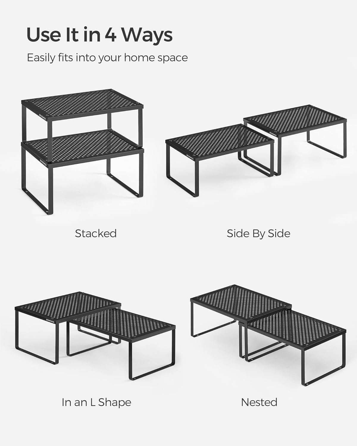 Set of 2 Metal Spice Racks, Stackable Expandable Shelf Risers | Steel Cabinet Shelf Organizers, Countertop Organizers, Matte White BEQUE Collection UKCS01WT