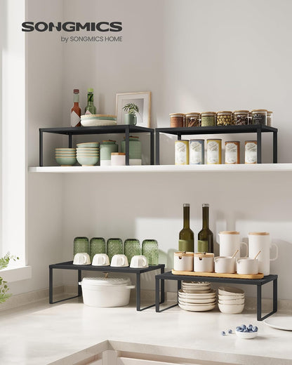 Set of 2 Metal Spice Racks, Stackable Expandable Shelf Risers | Steel Cabinet Shelf Organizers, Countertop Organizers, Matte White BEQUE Collection UKCS01WT