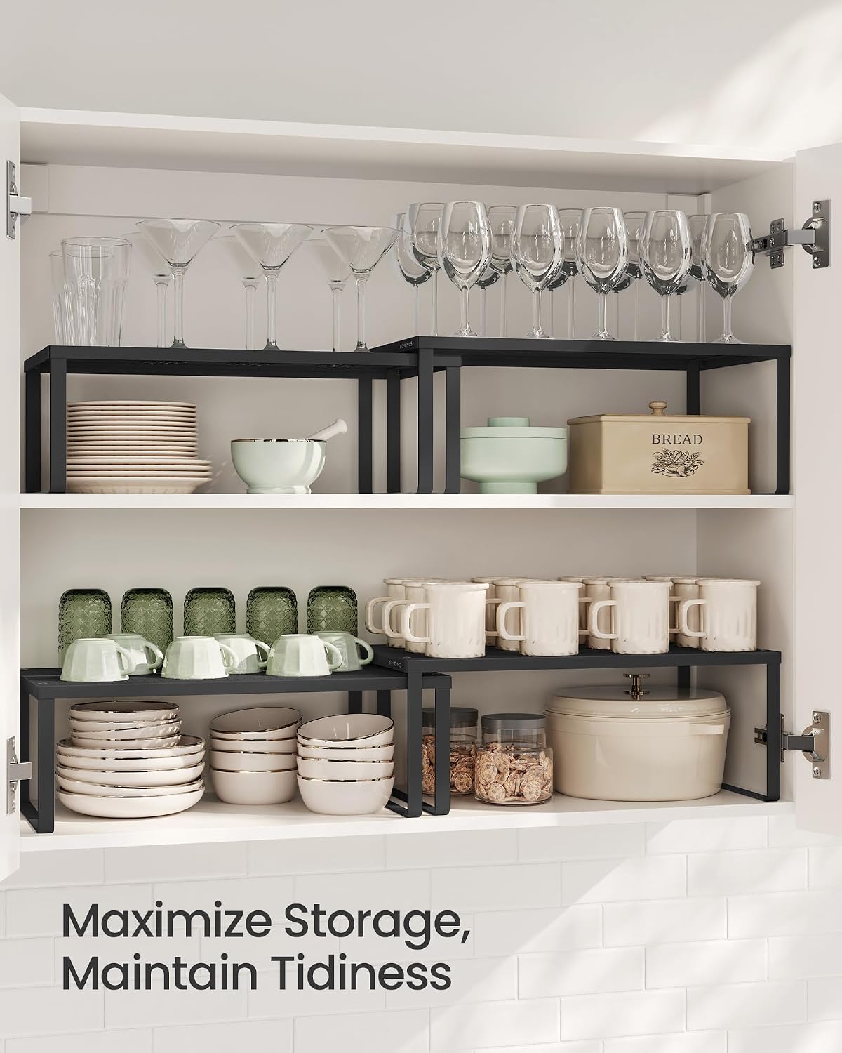 Set of 2 Metal Spice Racks, Stackable Expandable Shelf Risers | Steel Cabinet Shelf Organizers, Countertop Organizers, Matte White BEQUE Collection UKCS01WT