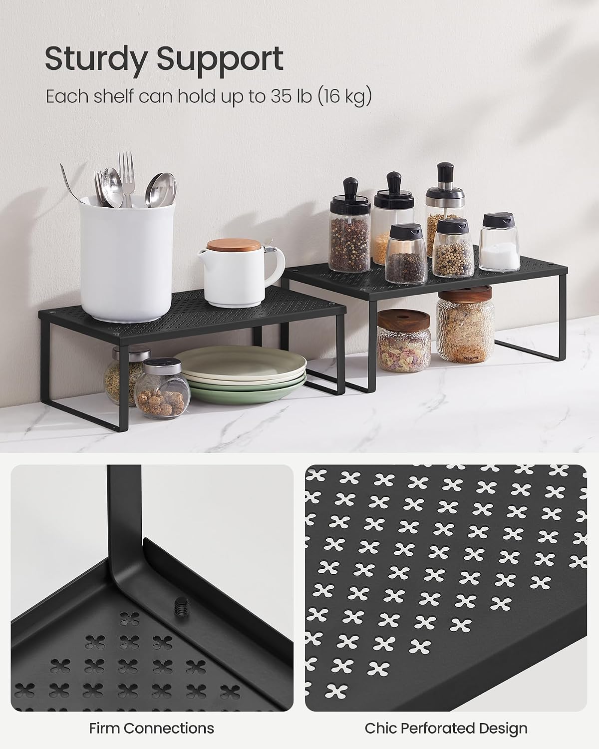 Set of 2 Metal Spice Racks, Stackable Expandable Shelf Risers | Steel Cabinet Shelf Organizers, Countertop Organizers, Matte White BEQUE Collection UKCS01WT