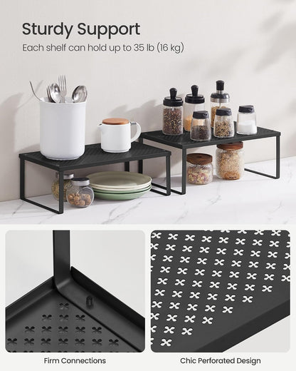 Set of 2 Metal Spice Racks, Stackable Expandable Shelf Risers | Steel Cabinet Shelf Organizers, Countertop Organizers, Matte White BEQUE Collection UKCS01WT