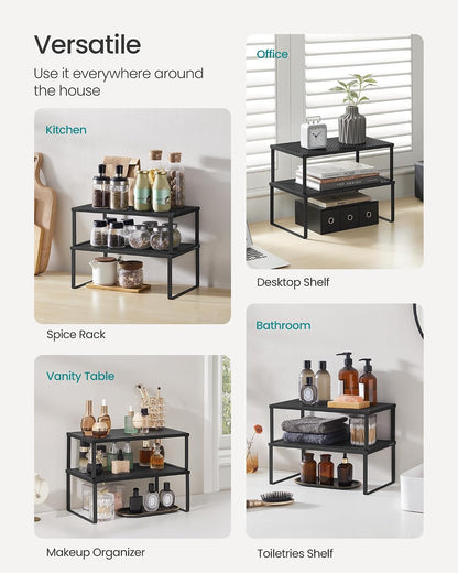 Set of 2 Metal Spice Racks, Stackable Expandable Shelf Risers | Steel Cabinet Shelf Organizers, Countertop Organizers, Matte White BEQUE Collection UKCS01WT