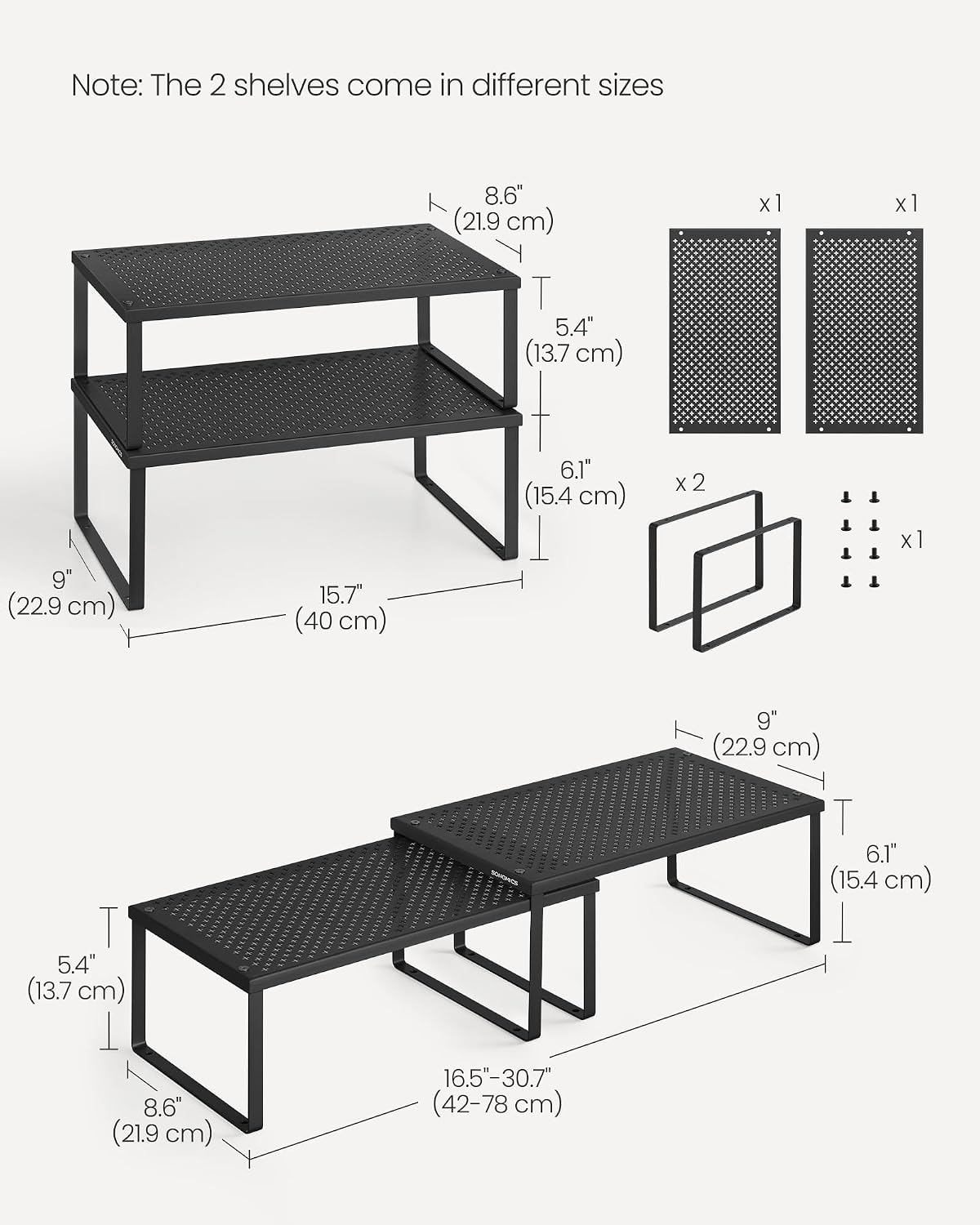 Set of 2 Metal Spice Racks, Stackable Expandable Shelf Risers | Steel Cabinet Shelf Organizers, Countertop Organizers, Matte White BEQUE Collection UKCS01WT