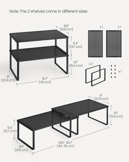 Set of 2 Metal Spice Racks, Stackable Expandable Shelf Risers | Steel Cabinet Shelf Organizers, Countertop Organizers, Matte White BEQUE Collection UKCS01WT