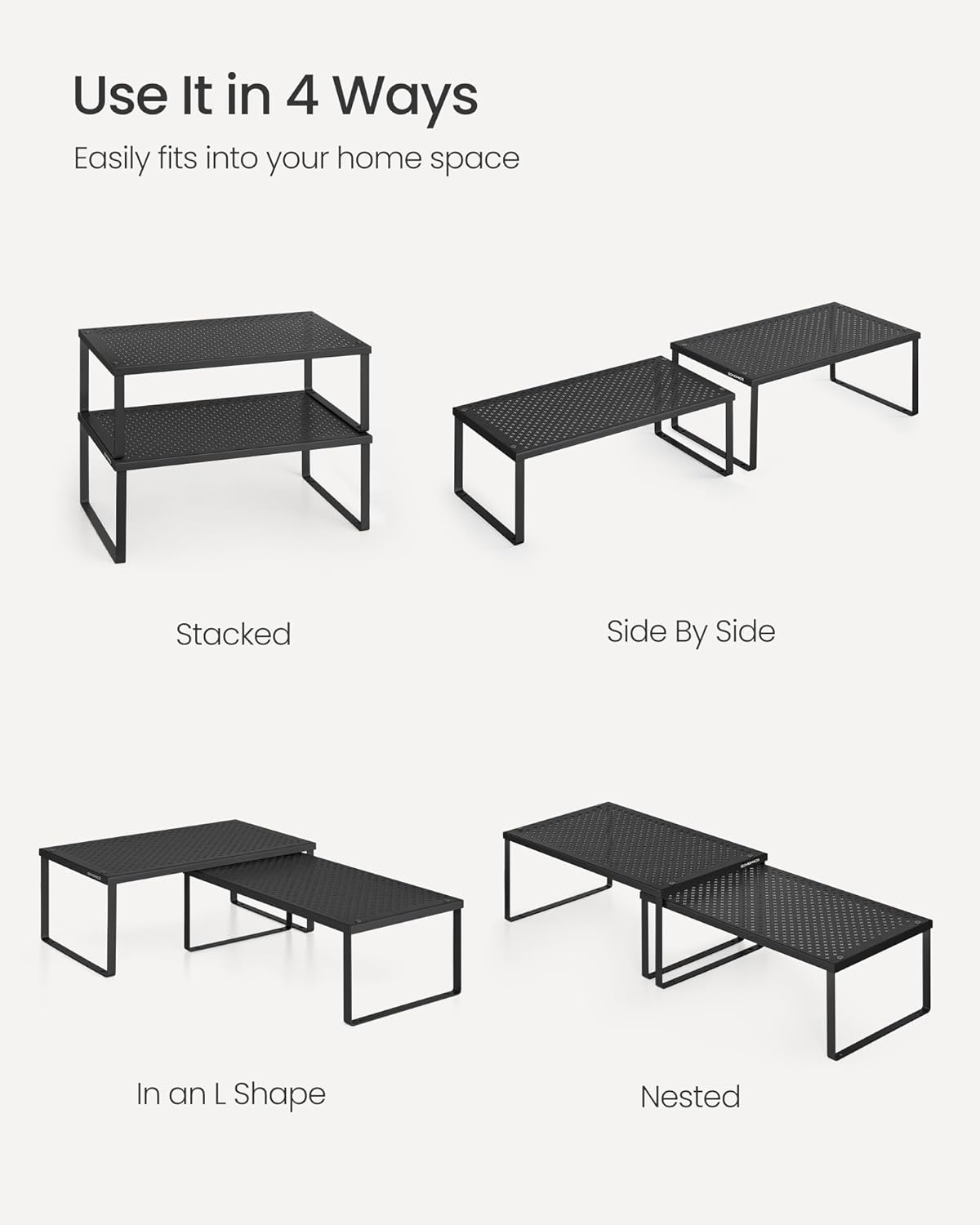 Set of 2 Metal Spice Racks, Stackable Expandable Shelf Risers | Steel Cabinet Shelf Organizers, Countertop Organizers, Matte White BEQUE Collection UKCS01WT