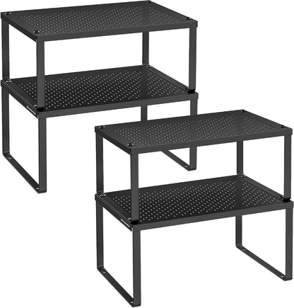 Set of 2 Metal Spice Racks, Stackable Expandable Shelf Risers | Steel Cabinet Shelf Organizers, Countertop Organizers, Matte White BEQUE Collection UKCS01WT