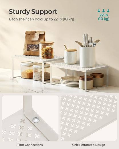 Set of 2 Metal Spice Racks, Stackable Expandable Shelf Risers | Steel Cabinet Shelf Organizers, Countertop Organizers, Matte White BEQUE Collection UKCS01WT
