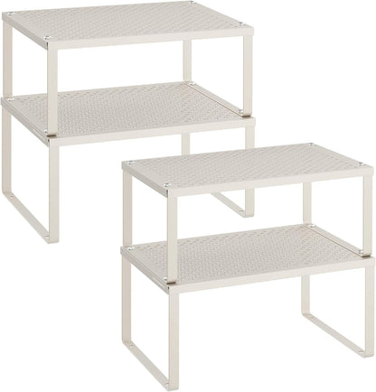 Set of 2 Metal Spice Racks, Stackable Expandable Shelf Risers | Steel Cabinet Shelf Organizers, Countertop Organizers, Matte White BEQUE Collection UKCS01WT