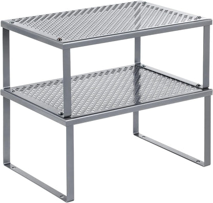 Set of 2 Metal Spice Racks, Stackable Expandable Shelf Risers | Steel Cabinet Shelf Organizers, Countertop Organizers, Matte White BEQUE Collection UKCS01WT