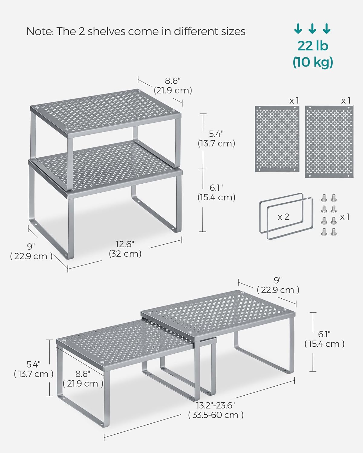 Set of 2 Metal Spice Racks, Stackable Expandable Shelf Risers | Steel Cabinet Shelf Organizers, Countertop Organizers, Matte White BEQUE Collection UKCS01WT