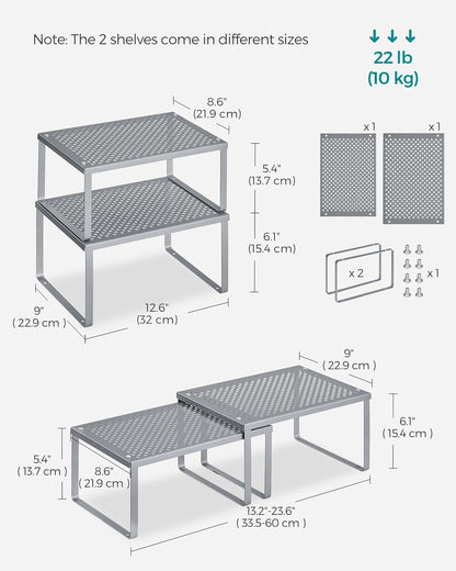 Set of 2 Metal Spice Racks, Stackable Expandable Shelf Risers | Steel Cabinet Shelf Organizers, Countertop Organizers, Matte White BEQUE Collection UKCS01WT