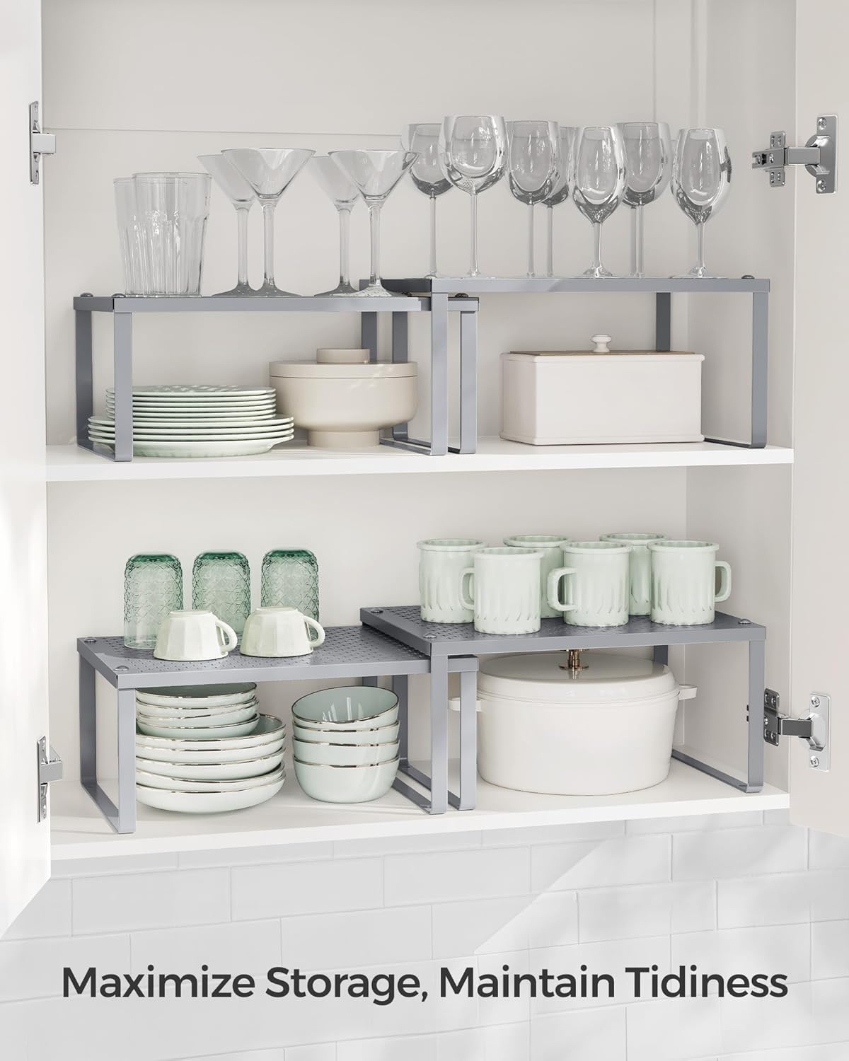 Set of 2 Metal Spice Racks, Stackable Expandable Shelf Risers | Steel Cabinet Shelf Organizers, Countertop Organizers, Matte White BEQUE Collection UKCS01WT