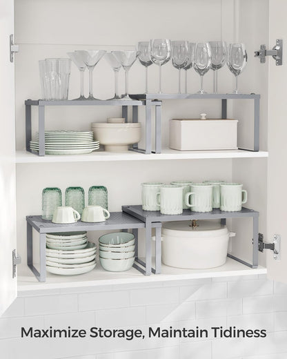 Set of 2 Metal Spice Racks, Stackable Expandable Shelf Risers | Steel Cabinet Shelf Organizers, Countertop Organizers, Matte White BEQUE Collection UKCS01WT
