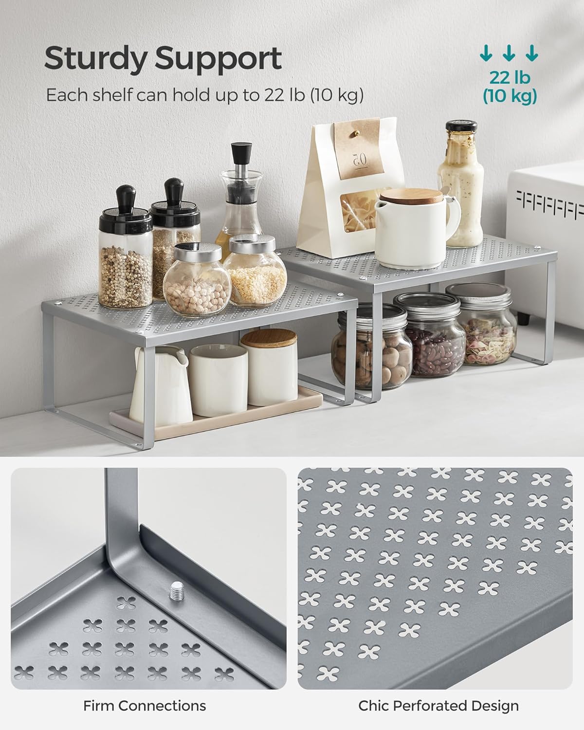 Set of 2 Metal Spice Racks, Stackable Expandable Shelf Risers | Steel Cabinet Shelf Organizers, Countertop Organizers, Matte White BEQUE Collection UKCS01WT