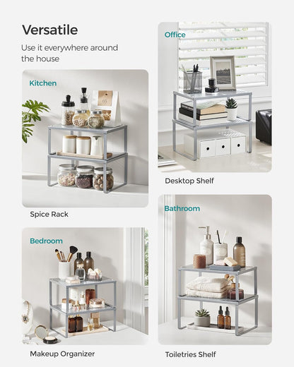 Set of 2 Metal Spice Racks, Stackable Expandable Shelf Risers | Steel Cabinet Shelf Organizers, Countertop Organizers, Matte White BEQUE Collection UKCS01WT