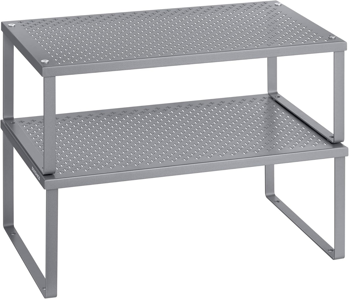 Set of 2 Metal Spice Racks, Stackable Expandable Shelf Risers | Steel Cabinet Shelf Organizers, Countertop Organizers, Matte White BEQUE Collection UKCS01WT