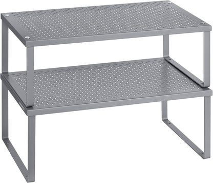 Set of 2 Metal Spice Racks, Stackable Expandable Shelf Risers | Steel Cabinet Shelf Organizers, Countertop Organizers, Matte White BEQUE Collection UKCS01WT