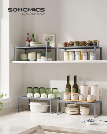 Set of 2 Metal Spice Racks, Stackable Expandable Shelf Risers | Steel Cabinet Shelf Organizers, Countertop Organizers, Matte White BEQUE Collection UKCS01WT