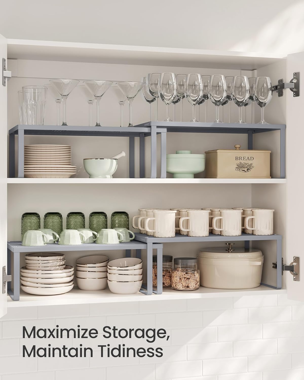 Set of 2 Metal Spice Racks, Stackable Expandable Shelf Risers | Steel Cabinet Shelf Organizers, Countertop Organizers, Matte White BEQUE Collection UKCS01WT