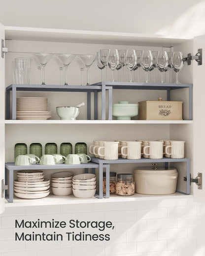 Set of 2 Metal Spice Racks, Stackable Expandable Shelf Risers | Steel Cabinet Shelf Organizers, Countertop Organizers, Matte White BEQUE Collection UKCS01WT