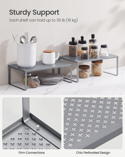 Set of 2 Metal Spice Racks, Stackable Expandable Shelf Risers | Steel Cabinet Shelf Organizers, Countertop Organizers, Matte White BEQUE Collection UKCS01WT