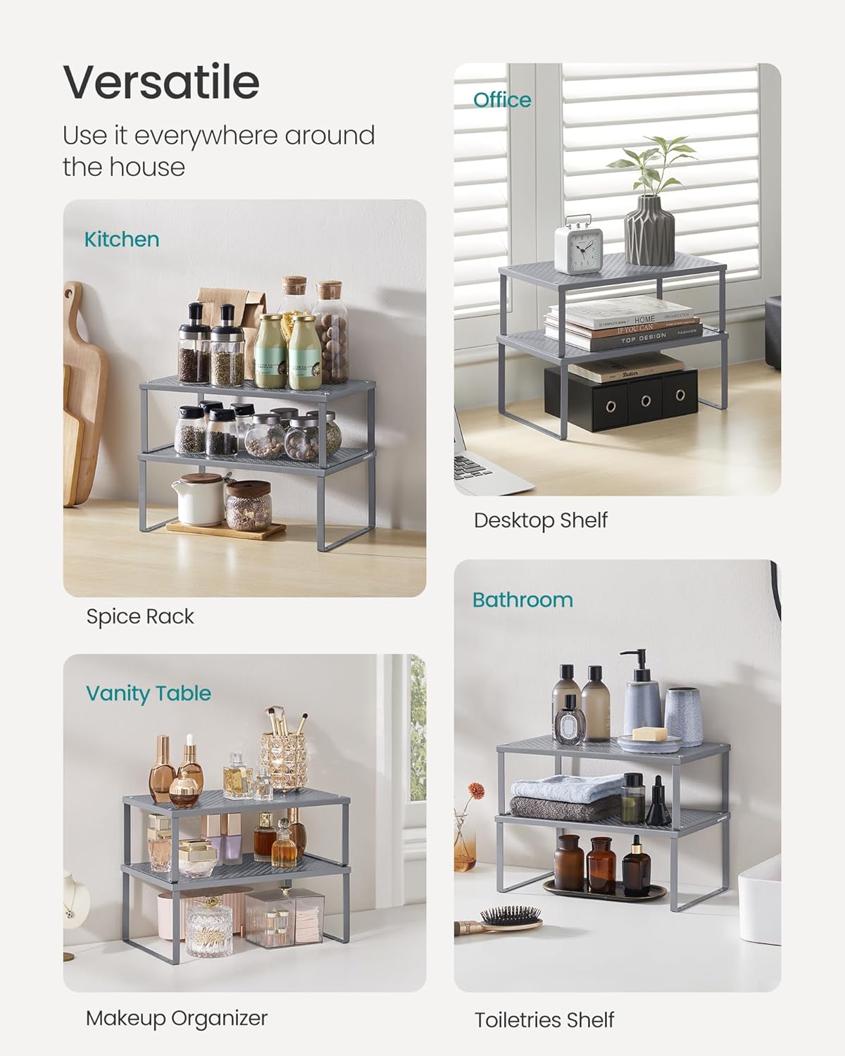 Set of 2 Metal Spice Racks, Stackable Expandable Shelf Risers | Steel Cabinet Shelf Organizers, Countertop Organizers, Matte White BEQUE Collection UKCS01WT