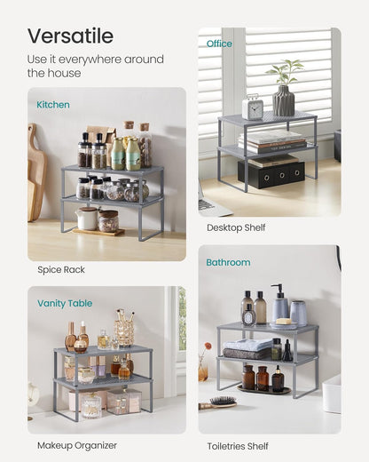 Set of 2 Metal Spice Racks, Stackable Expandable Shelf Risers | Steel Cabinet Shelf Organizers, Countertop Organizers, Matte White BEQUE Collection UKCS01WT
